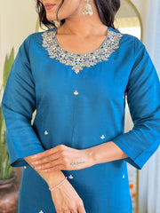 Women's BLUE Roman silk Embroidered Straight Kurta with pant and dupatta setS