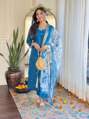Women's BLUE Roman silk Embroidered Straight Kurta with pant and dupatta setS