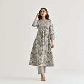 MOTI GREY COLOURED WOMEN'S RAYON SLUB LACE WORK KURTA WITH PANT SET