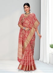 Geometric Print Zari border Soft cotton saree with blouse for women
