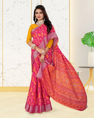 Jacquard Contrast Piping Border Cotton saree with blouse for women
