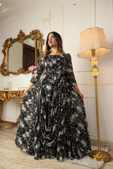 BLACK ETHNIC MOTIFS GEORGETTE MAXI DRESS