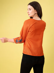 Saffron Embroidered Bell-Sleeve Tunic for Women – Stylish Cotton Blend Solid Top | Elegant 3/4 Sleeve Casual & Office Wear Malaysia 2025 (C-04)