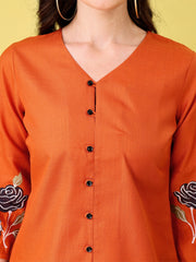 Saffron Embroidered Bell-Sleeve Tunic for Women – Stylish Cotton Blend Solid Top | Elegant 3/4 Sleeve Casual & Office Wear Malaysia 2025 (C-04)