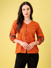 Saffron Embroidered Bell-Sleeve Tunic for Women – Stylish Cotton Blend Solid Top | Elegant 3/4 Sleeve Casual & Office Wear Malaysia 2025 (C-04)