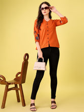 Saffron Embroidered Bell-Sleeve Tunic for Women – Stylish Cotton Blend Solid Top | Elegant 3/4 Sleeve Casual & Office Wear Malaysia 2025 (C-04)