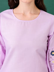 C-03 Pink Embroidered Bell-Sleeve Tunic for Women – Stylish Cotton Blend Solid Top | Elegant 3/4 Sleeve Casual & Office Wear Malaysia 2025