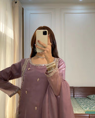'Soft Glamour Mirror Selfie in Pastel Mauve Embellished Outfit'