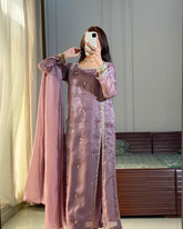 'Soft Glamour Mirror Selfie in Pastel Mauve Embellished Outfit'