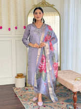 GREY COLOURED WOMEN'S CHANDERI SILK EMBROIDERED KURTA WITH PANT DUPATTA SET