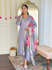 GREY COLOURED WOMEN'S CHANDERI SILK EMBROIDERED KURTA WITH PANT DUPATTA SET