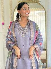 GREY COLOURED WOMEN'S CHANDERI SILK EMBROIDERED KURTA WITH PANT DUPATTA SET