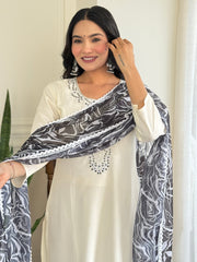 WHITE COLOURED WOMEN'S VISCOSE BLEND REYON EMBROIDERED KURTA WITH PANT DUPATTA SET