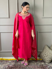 PINK COLOURED WOMEN'S VISCOSE CHANDERI KURTA SET
