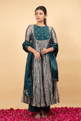 Green Anarkali Pure Handwoven Tissue Silk Embroidery Zari Thread Round Set