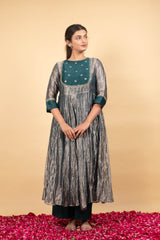 Green Anarkali Pure Handwoven Tissue Silk Embroidery Zari Thread Round Set