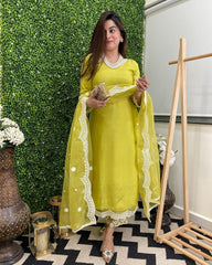 PISTA YELLOW COLOURED WOMEN'S EMBROIDERY KURTA SET