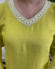 PISTA YELLOW COLOURED WOMEN'S EMBROIDERY KURTA SET