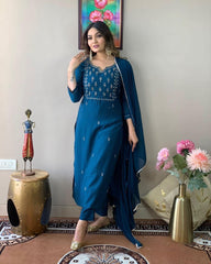 KAYRA BLUE COLOURED WOMEN'S RAYON SLUB KURTA SET