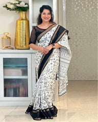 White soft cotton woven border kalamkari Print saree