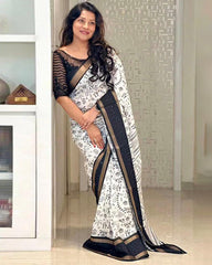 White soft cotton woven border kalamkari Print saree