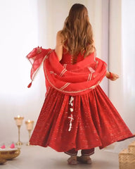 Red Rayon silk Chikankari sequins work Dress