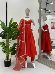 Red Rayon silk Chikankari sequins work Dress