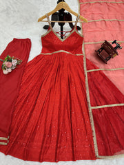 Red Rayon silk Chikankari sequins work Dress