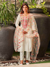 WHITE COLOURED WOMEN'S VISCOSE CHANDERI EMBROIDERED KURTA WITH PANT DUPATTA SET