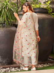 WHITE COLOURED WOMEN'S VISCOSE CHANDERI EMBROIDERED KURTA WITH PANT DUPATTA SET