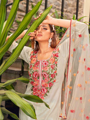 WHITE COLOURED WOMEN'S VISCOSE CHANDERI EMBROIDERED KURTA WITH PANT DUPATTA SET