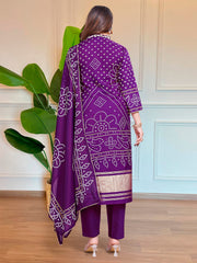 PURPLE COLOURED WOMEN'S VISCOSE COTTON KURTA WITH PANT DUPATTA SET