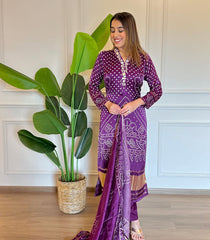 PURPLE COLOURED WOMEN'S VISCOSE COTTON KURTA WITH PANT DUPATTA SET