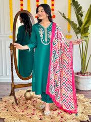 GREEN COLOURED WOMEN'SVISCOSE CHANDERI KURTA SET
