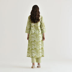 MOTI LEMON GREEN COLOURED WOMEN'S RAYON SLUB LACE WORK KURTA WITH PANT SET