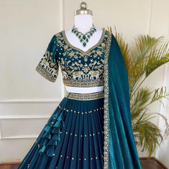 Peacock Blue Sequins Embroidery Lehenga Choli for Women