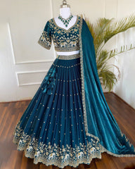 Peacock Blue Sequins Embroidery Lehenga Choli for Women