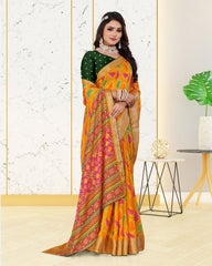 Jacquard Contrast Piping Border Cotton saree with blouse for women
