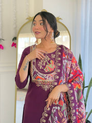 NARI Women's Chanderi Viscose Embroidered Straight Kurta with Chanderi Viscose Pant And Silk Printed Dupatta Sets