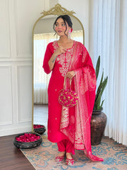 PINK COLOURED WOMEN'S ROMAN SILK EMBROIDERED STRAIGHT KURTA WITH PANT DUPATTA SET