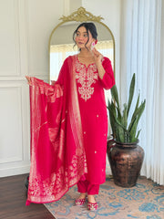PINK COLOURED WOMEN'S ROMAN SILK EMBROIDERED STRAIGHT KURTA WITH PANT DUPATTA SET