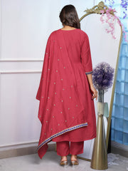 MORLO RED COLOURED WOMEN'SBSY CHINNON KURTA WITH PANT DUPATTA SET