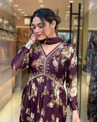 MAROON COLOURED WOMEN'S GEORGETTE KURTA WITH PANT DUPATTA SET