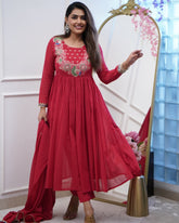 MORLO RED COLOURED WOMEN'SBSY CHINNON KURTA WITH PANT DUPATTA SET