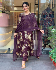 MAROON COLOURED WOMEN'S GEORGETTE KURTA WITH PANT DUPATTA SET