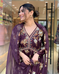 MAROON COLOURED WOMEN'S GEORGETTE KURTA WITH PANT DUPATTA SET