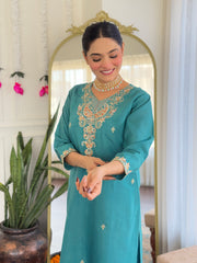 BLUE GREEN WOMEN;S VISCOSE CHANDERI KURTA SET