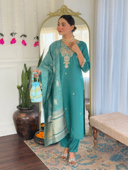 BLUE GREEN WOMEN;S VISCOSE CHANDERI KURTA SET