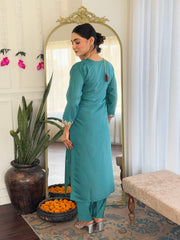 BLUE GREEN WOMEN;S VISCOSE CHANDERI KURTA SET