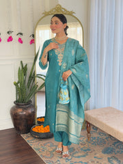 BLUE GREEN WOMEN;S VISCOSE CHANDERI KURTA SET